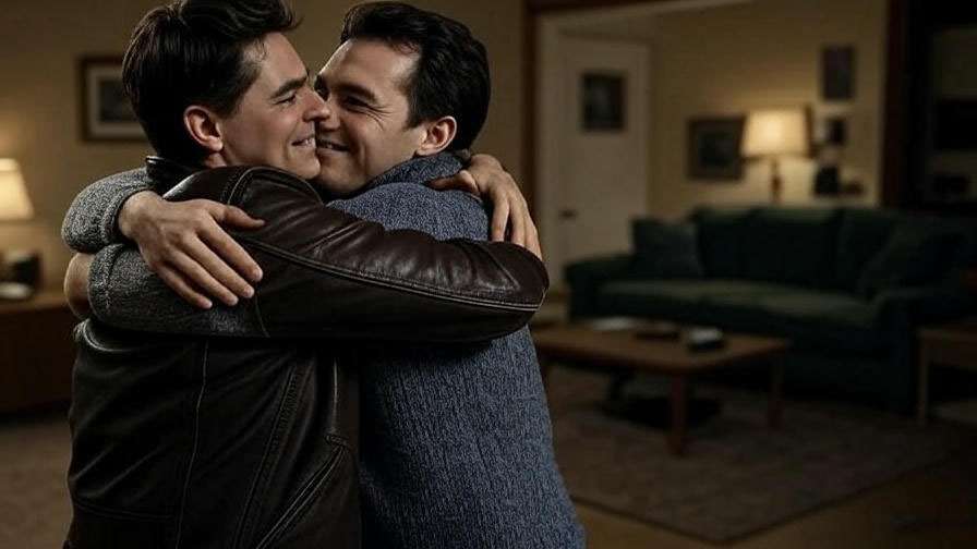 Joey Tribbiani and Chandler Bing sharing a heartfelt hug in a nostalgic 90s apartment.
