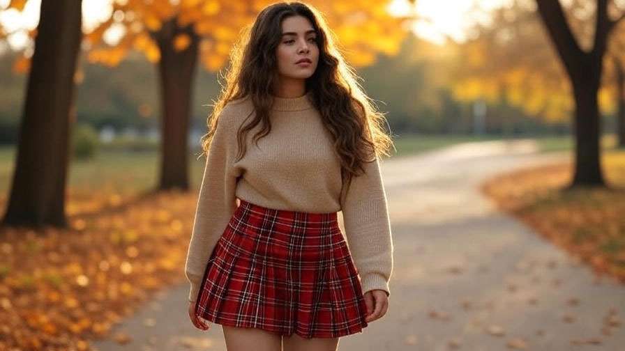 Person in 90s plaid skirt from Friends TV show in an autumn park.