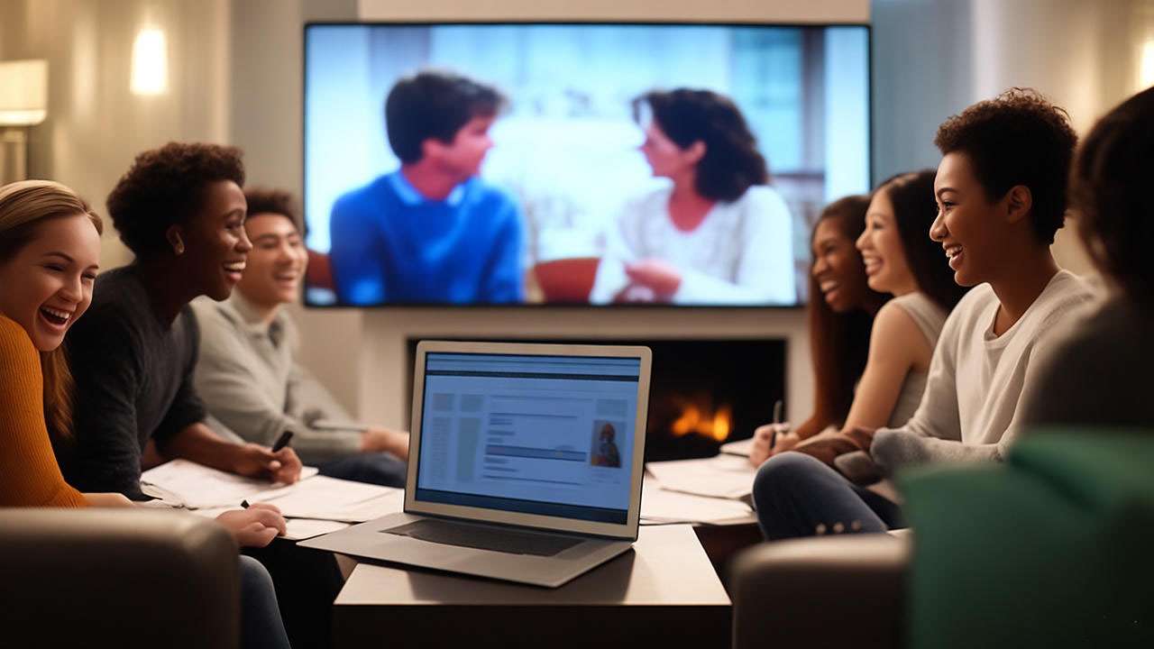 Young fans watching Friends on modern TV, taking notes, with laptop fan forum. 