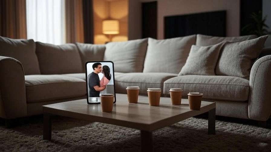Phone displaying Ross and Rachel meme in a cozy living room, Friends nostalgia
