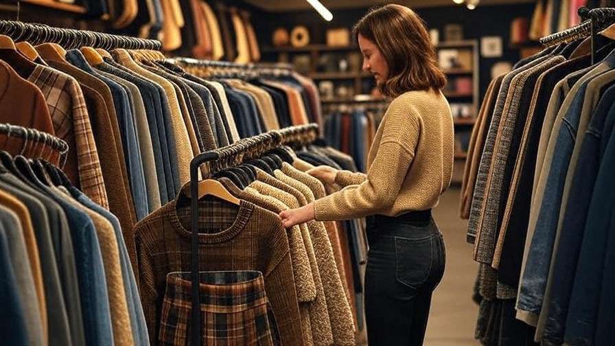 Person shopping for vintage 90s clothing like plaid skirts and sweaters in a thrift store.