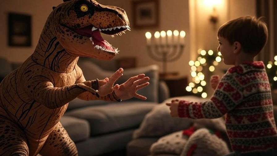 Man in dinosaur costume with child in a festive living room during the Holiday Armadillo scene from Friends