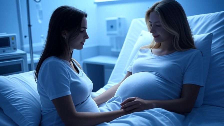 Monica supporting pregnant Rachel in a tender hospital room scene.