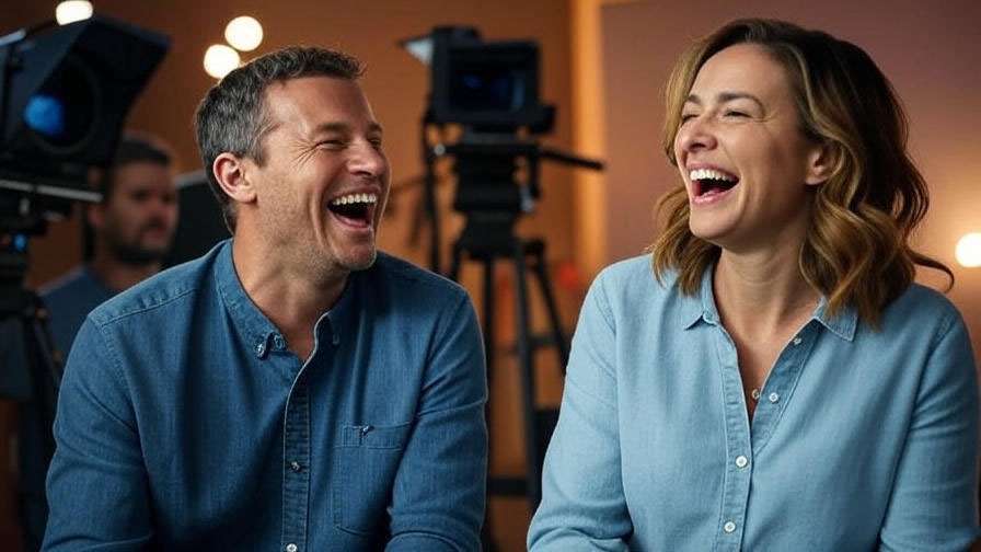 Two actors laughing on a TV set, showcasing behind-the-scenes chemistry of Joey and Chandler from Friends.