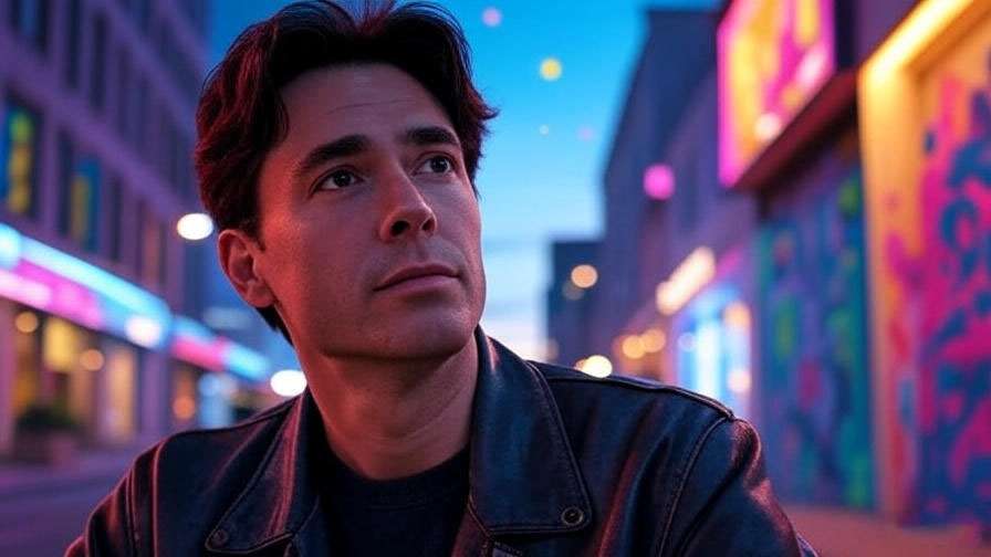 Joey Tribbiani in a vibrant urban setting with pop culture elements reflecting his influence.