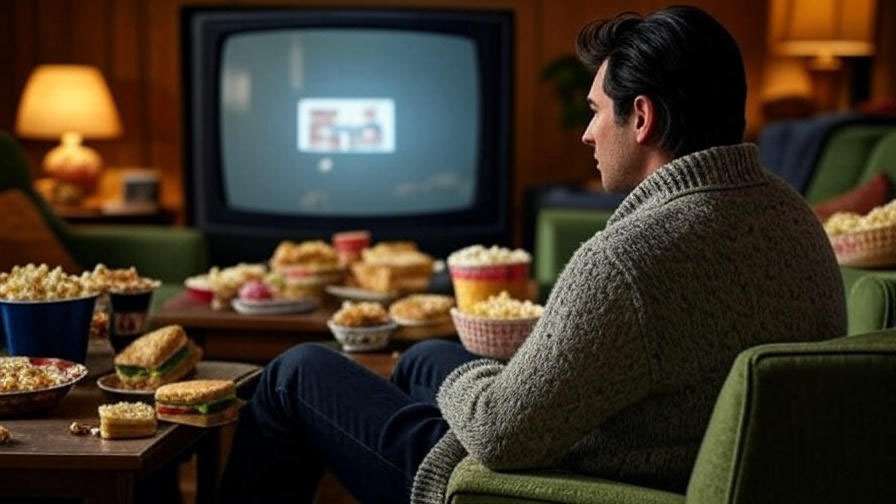 Joey Tribbiani rewatching Friends episodes in a cozy 90s living room with snacks.