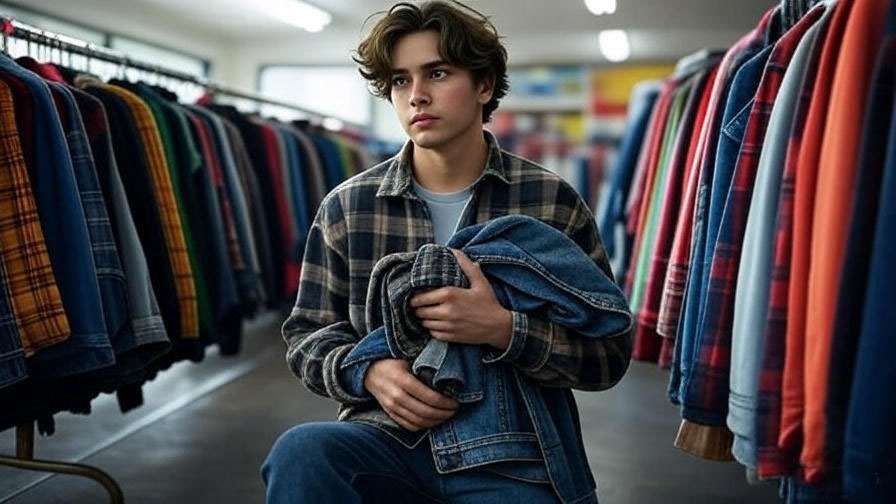 Person thrifting 90s denim jacket and plaid shirt from Friends TV show.