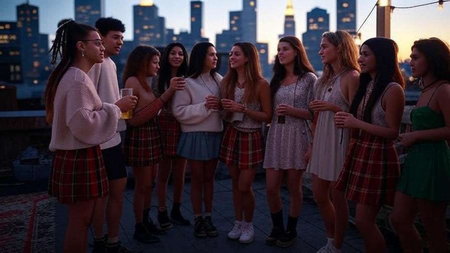 Nostalgic 90s rooftop party with Friends-inspired outfits like oversized sweaters and plaid skirts in New York City