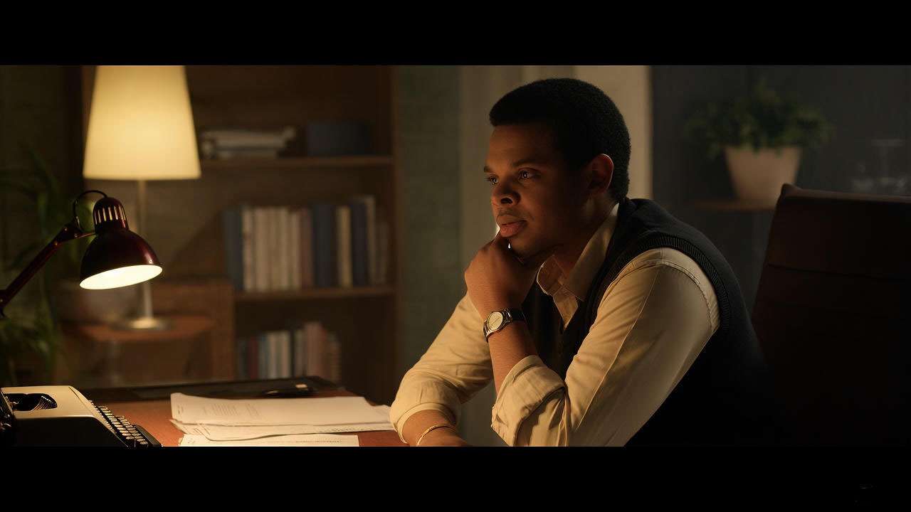  TV producer in 90s office with scripts and typewriter, nostalgic creative setting. 