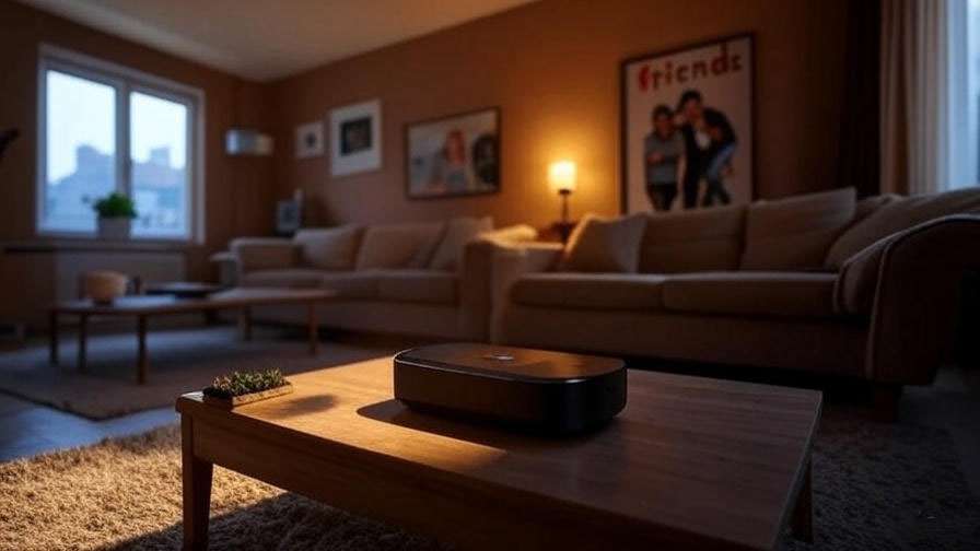 Modern living room with streaming device and Friends poster, showcasing Judy Geller’s enduring popularity.