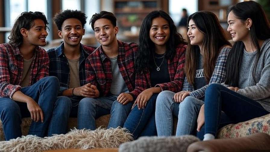 Group of friends in 90s-inspired outfits from Friends, lounging in a cozy coffee shop