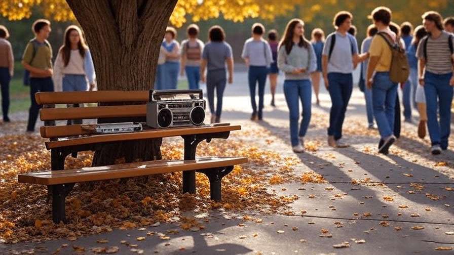 Nostalgic 1980s college campus quad with benches, a boombox, and students in retro fashion, evoking the friendship of Ross and Chandler in Friends.