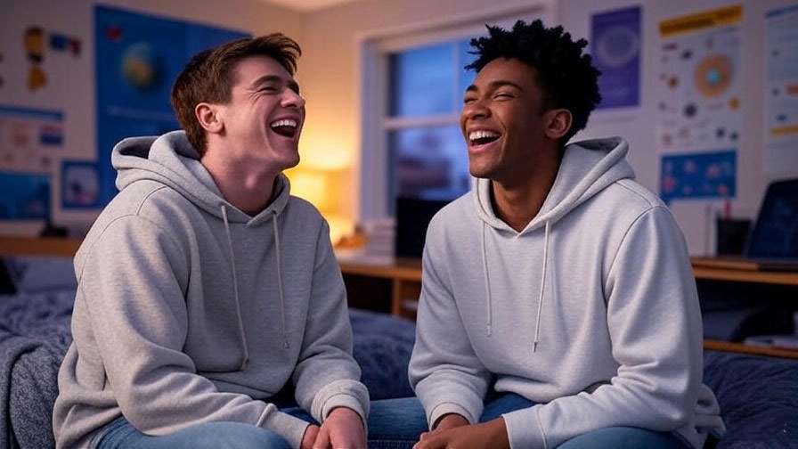 Two men laughing in a college dorm room showcasing Ross and Chandler's bromance from Friends