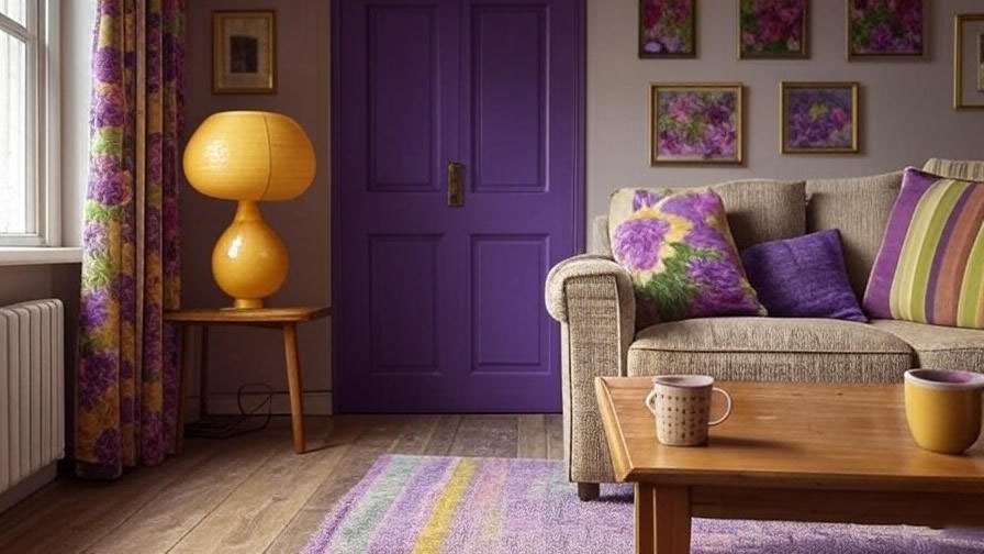 Cozy living room with purple door and retro decor inspired by Monica’s 90s apartment.