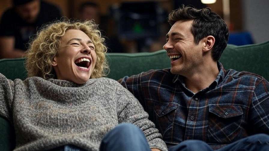Actors of Phoebe and Ross laughing on Friends set, showcasing their real-life chemistry.