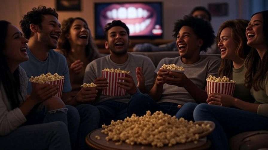 Friends watch party with TV showing Ross’s glowing teeth scene, cozy and nostalgic setting.