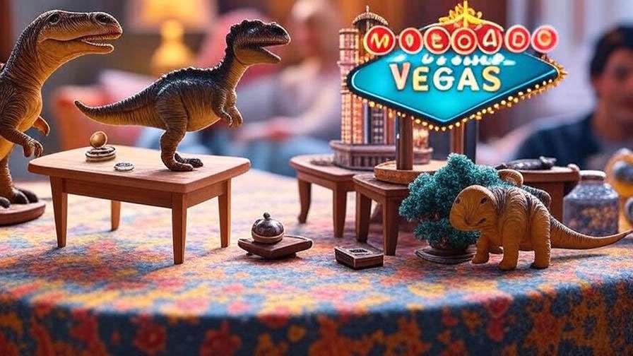 Collage of Friends memorabilia like dinosaur toy and wedding ring for Ross Geller divorce trivia.