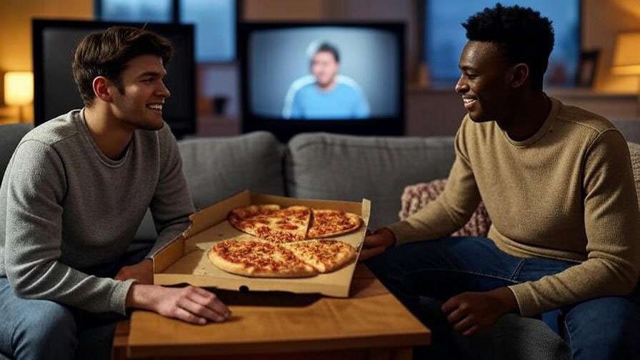Two friends rewatching Friends with pizza and blankets, inspired by Joey and Chandler's bromance moments.