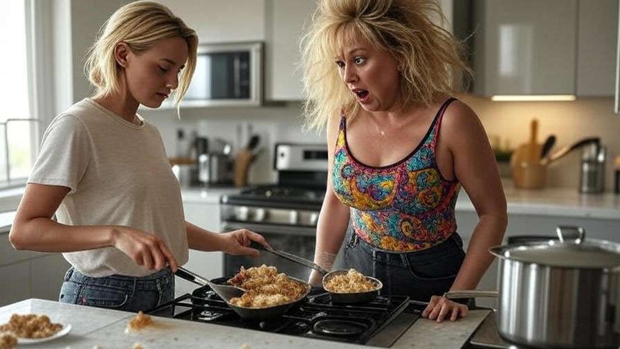 Rachel cooking disaster with Phoebe laughing in Friends Season 8.