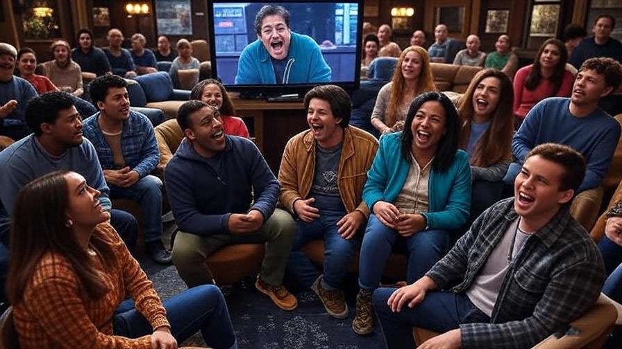Fans laughing at a fatherly moment on screen in a bustling 90s Central Perk setting. 