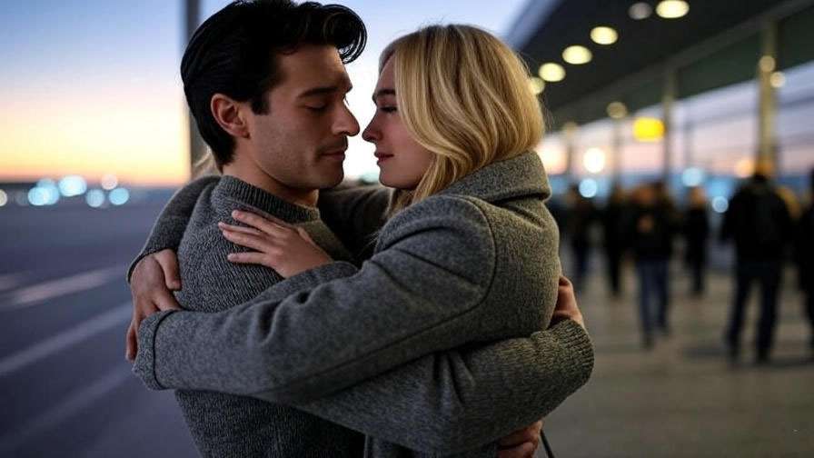 Ross Geller and Rachel Green sharing a heartfelt embrace at the airport in Friends finale.