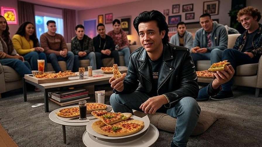 A Joey Tribbiani-themed watch party with friends enjoying pizza and sandwiches.