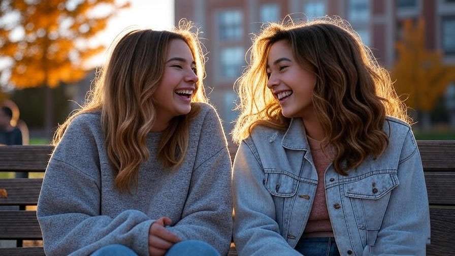Two women laughing on a college bench, 1980s style, representing Monica and Rachel’s early friendship.