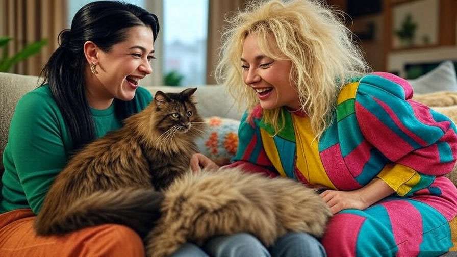 Rachel and Phoebe laughing with a cat in a cozy apartment from Friends Season 4.