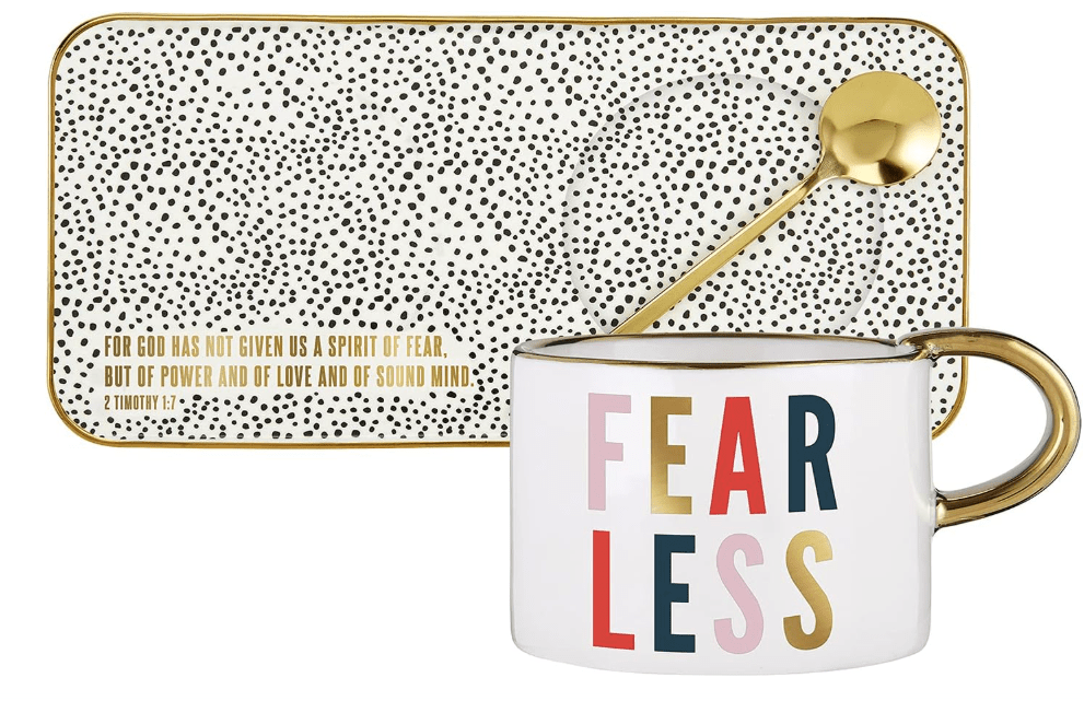  Creative Brands Faithworks-Slant Collections Ceramic Mug Spoon and Tray Set, 3-Pieces, Fearless