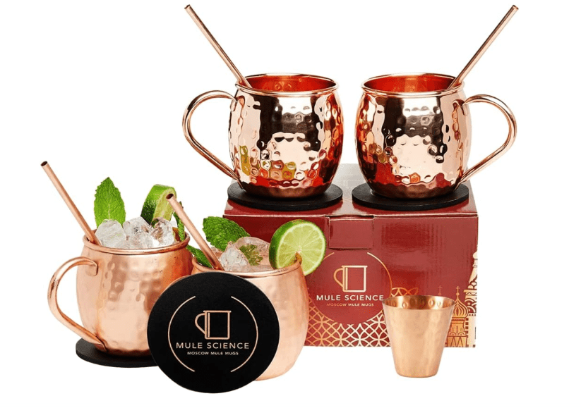 Advanced Mixology [Gift Set] Mule Science Moscow Mule Mugs Set of 4 (19 oz. large size) | 100% Handcrafted | Food Safe | Copper Mugs w/Accessories