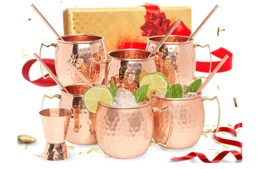  Kitchen Science [Gift Set] Moscow Mule Copper Mugs Set of 6 (16oz) w/Straws & Jigger | 100% Pure Copper Cups, Tarnish-Resistant Food Grade Lacquered