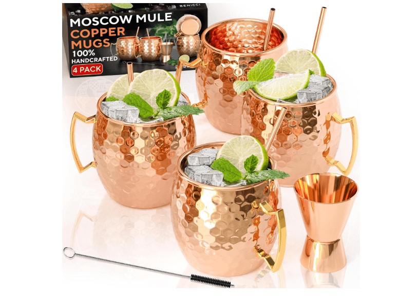  Benicci Moscow Mule Copper Mugs - Set of 4-100% HANDCRAFTED - Food Safe Pure Solid Copper Mugs - 16 oz Christmas Gift Set with Premium Quality Cocktail.