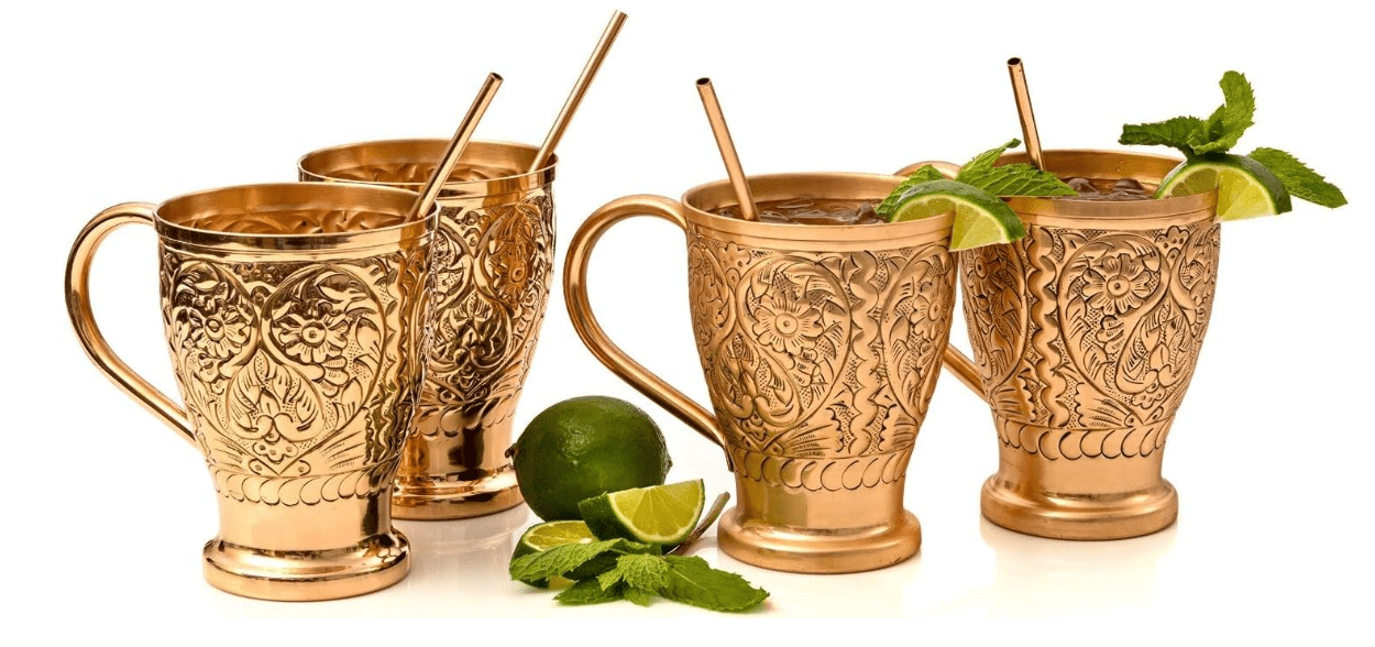  Kamojo Moscow Mule Pure Copper Mugs - Embossed Set with 4 Matching Shot Glasses - Copper Straws for Cocktails & Recipe E-book Exclusive set of 4