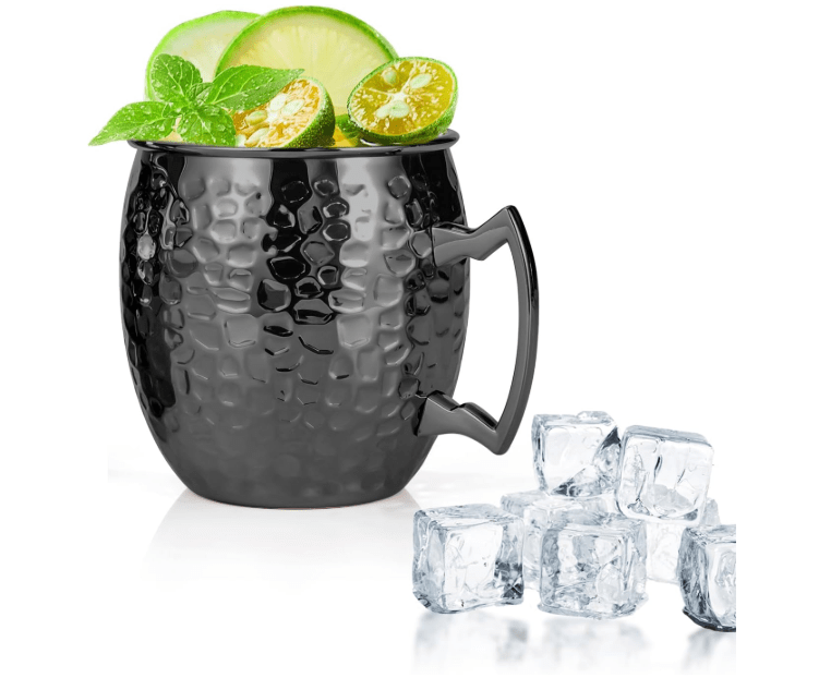  Amrules Moscow Mule Mugs, 16 OZ Black Hammered Mule Cup with 304 Stainless Steel Lining and Brass Handle, for Cold Drinks, Beer, Wine, Bars, Parties