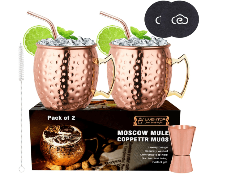  LIVEHITOP Moscow Mule Copper Mugs Set of 2, 19.5 Oz Handcrafted Copper Cups Stainless Steel Lining with Jigger, Straws, Brush, Coasters for Party, Bar, Gift