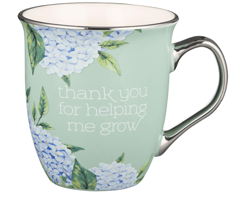  WITH LOVE Inspirational Coffee Mug for Teachers/Mentors Thank You for Helping Me Grow Blue Hydrangea Mint/Cream Ceramic Drinking Cup, Large 14oz 