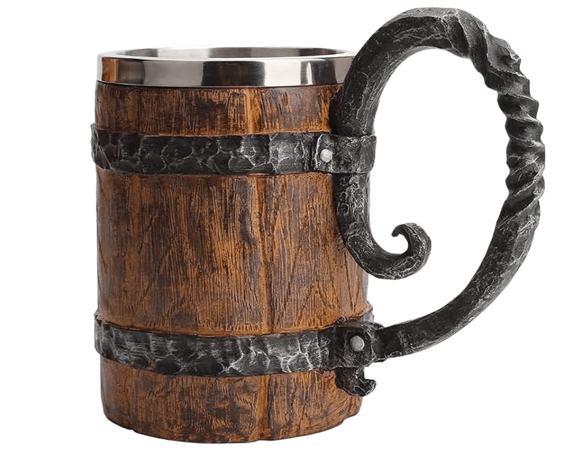  LAUGOKOBE Wooden Barrel Beer Mug, Large Viking Cup Wood Style Beer Stein with Handle, Double Wall Stainless Steel Tankard Mug, Antique gifts for Men Bar