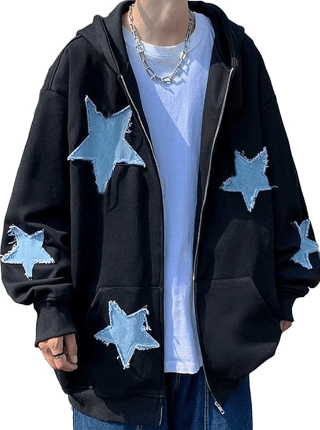 Karwuiio Women Y2k Zip Up Hoodies Star Graphic Long Sleeve Jackets Hip Hop Harajuku Oversized Hooded Sweatshirt