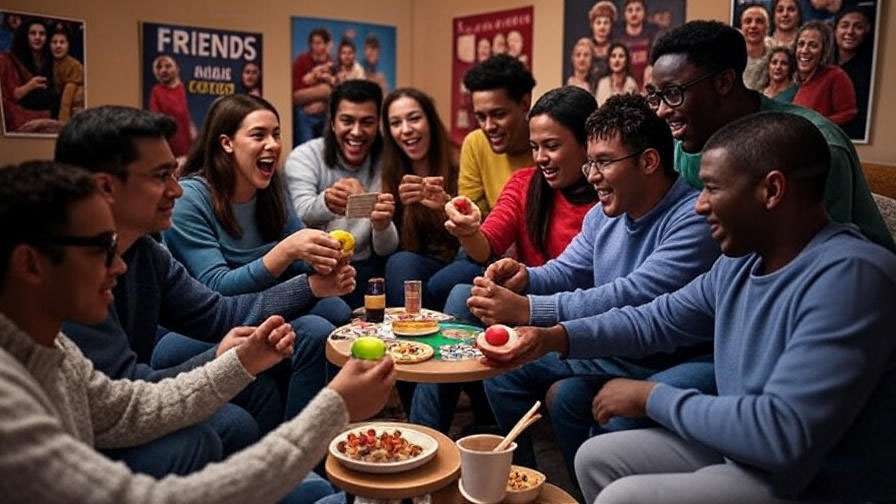 Friends fans playing trivia games with Central Perk mugs and cast posters. 