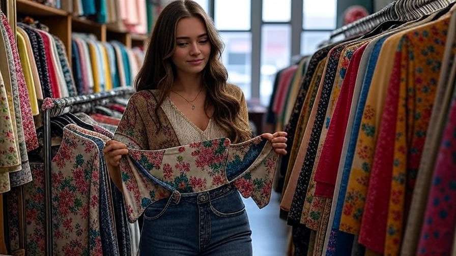 Woman shopping for 90s-inspired clothing like floral dresses and jeans in a thrift store