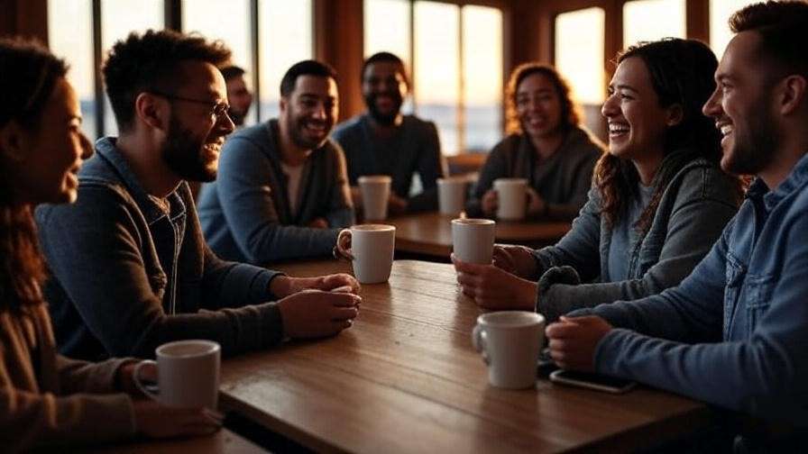 "Cozy coffee shop scene with friends laughing at Central Perk, evoking nostalgia from Friends TV series."