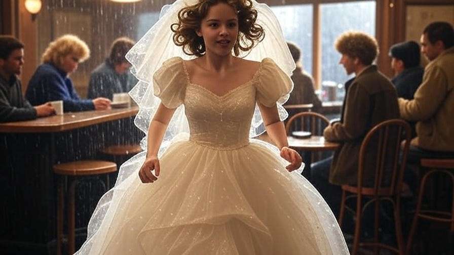 "Rachel Green runaway bride moment in Friends coffee shop, 90s fashion, nostalgic scene."