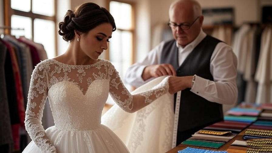 "Bride with tailor customizing a lace-sleeved gown, inspired by Rachel Green's Friends wedding dress."