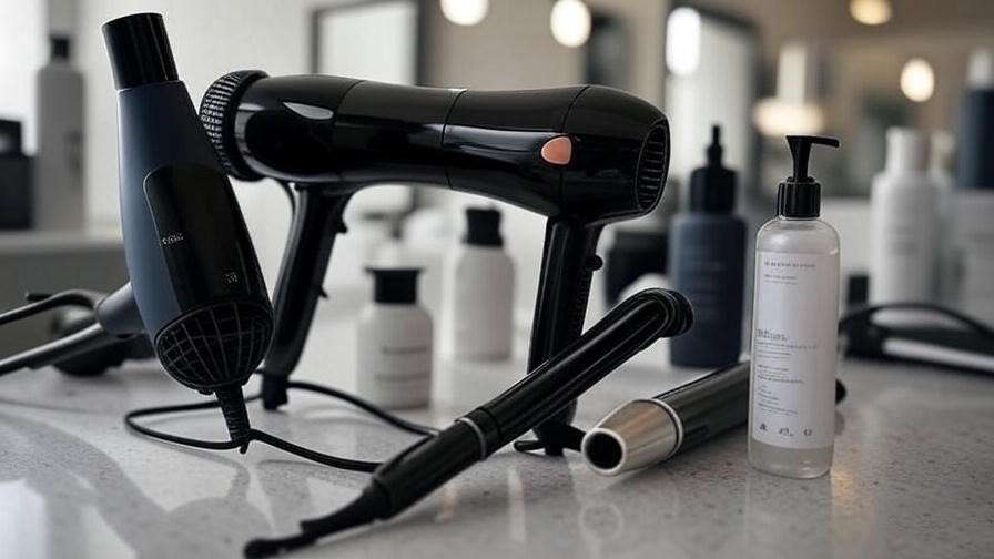 "Styling tools and products for Rachel Green hairstyles, hairstyling station background."