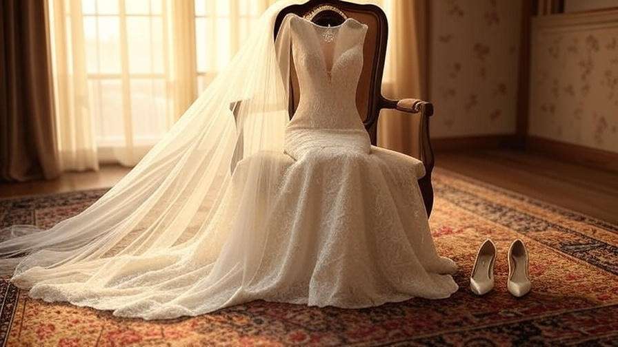 "Styled bridal setup with lace gown, cathedral veil, and pearl jewelry, inspired by Rachel Green's Friends wedding dress."
