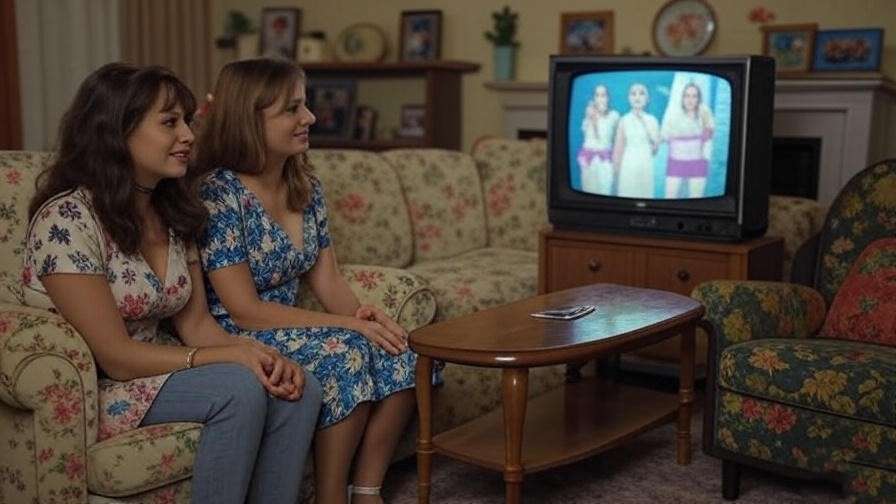 Monica and Rachel from Friends watching the iconic prom video scene together.