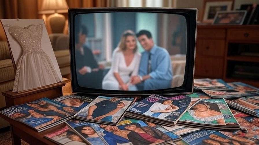 "Collage of 90s pop culture with Friends scene and lace dress sketch, highlighting Rachel Green's wedding dress impact."