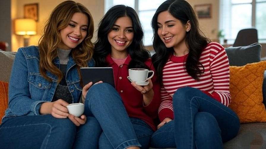 Monica and Rachel from Friends inspiring modern digital-age friendships on a cozy couch."