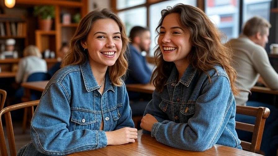 "Cozy Central Perk coffee shop with two women in denim jackets sharing a playful moment, nostalgic 1990s vibe."