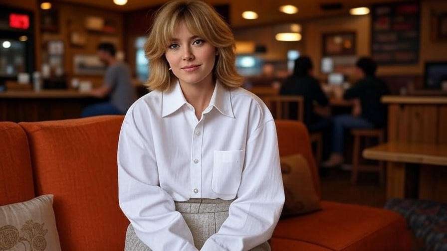"Rachel Green in an iconic white button-down shirt from Friends Season 1, set in Central Perk."